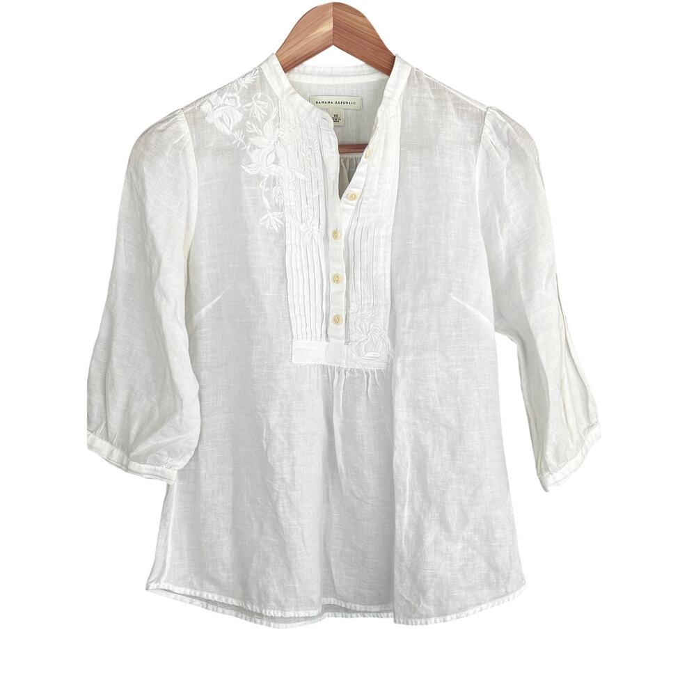 Banana Republic Linen Embroidered Top XS White Blouse Shirt Coastal Prep